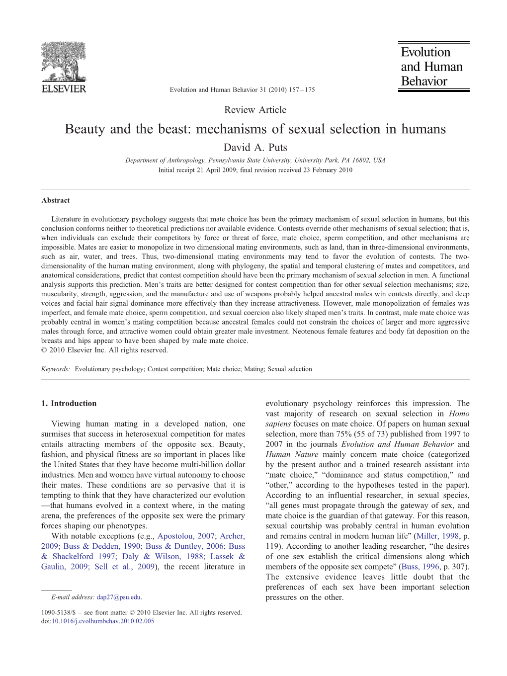Beauty and the Beast: Mechanisms of Sexual Selection in Humans David A