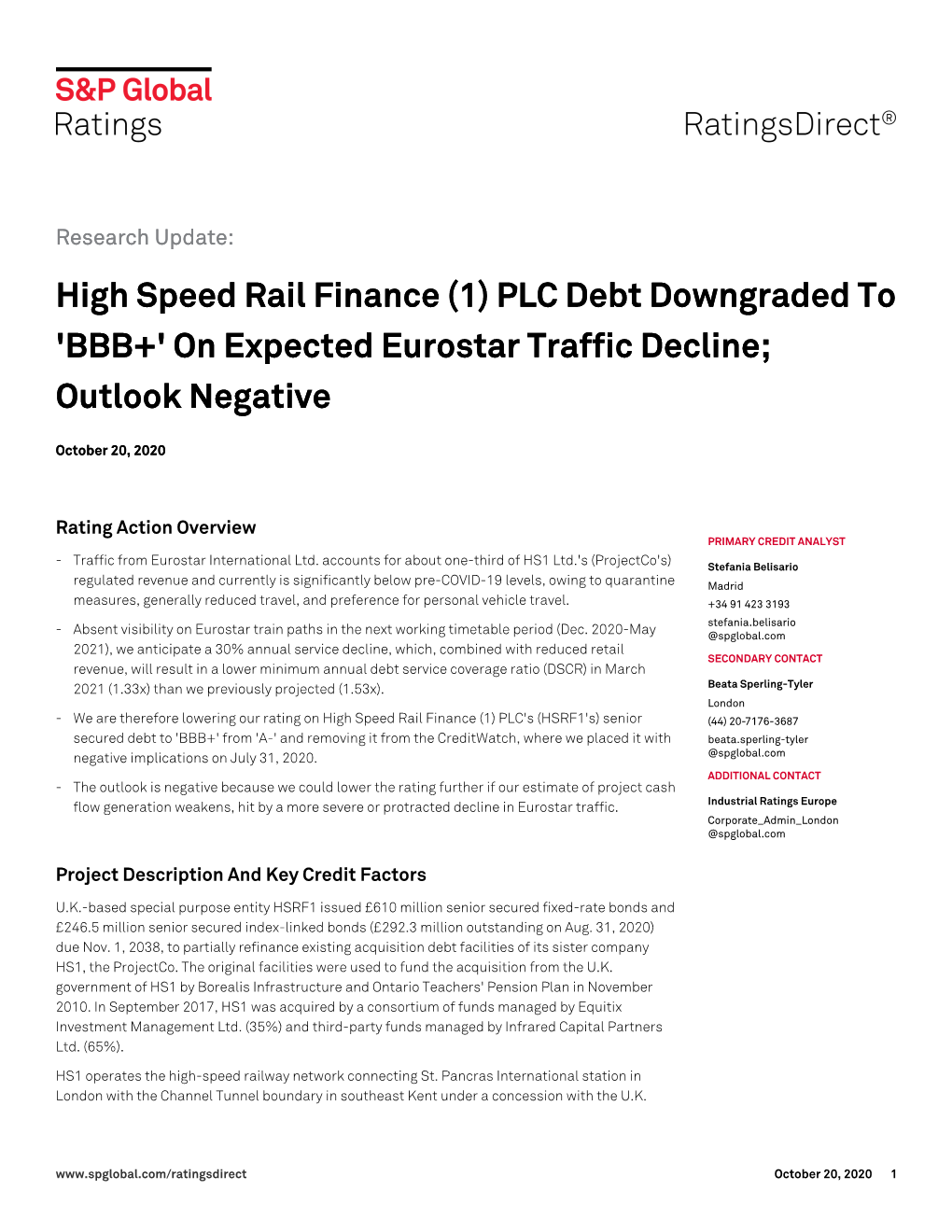 High Speed Rail Finance (1) PLC Debt Downgraded to 'BBB+' on Expected Eurostar Traffic Decline; Outlook Negative