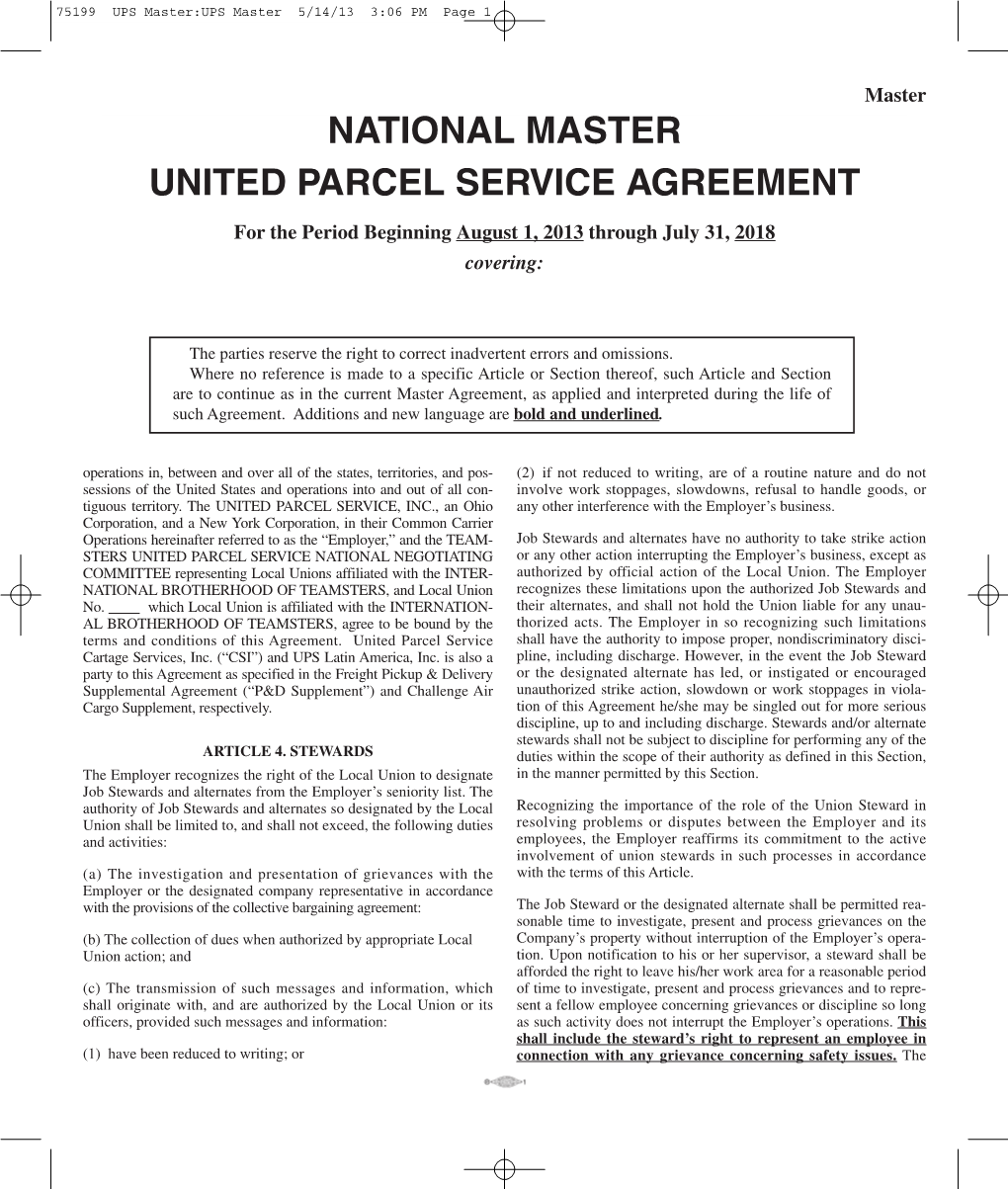 NATIONAL MASTER UNITED PARCEL SERVICE AGREEMENT for the Period Beginning August 1, 2013 Through July 31, 2018 Covering
