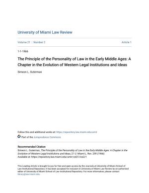 The Principle of the Personality of Law in the Early Middle Ages: a Chapter in the Evolution of Western Legal Institutions and Ideas