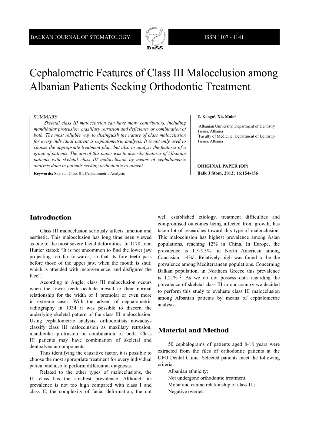 Cephalometric Features of Class III Malocclusion Among Albanian Patients Seeking Orthodontic Treatment