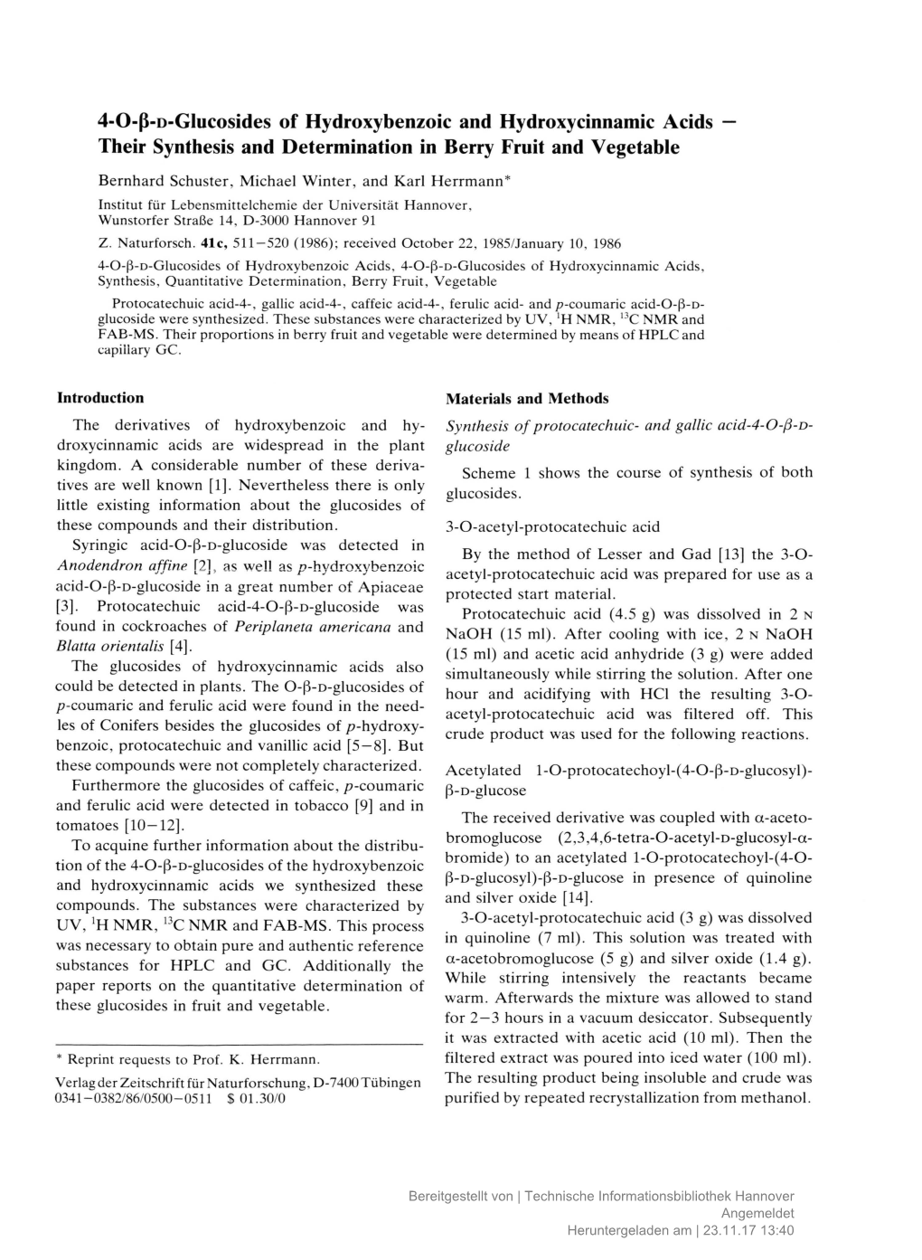 4-O-ß-D-Glucosides of Hydroxybenzoic and Hydroxycinnamic Acids — Their Synthesis and Determination in Berry Fruit and Vegetable