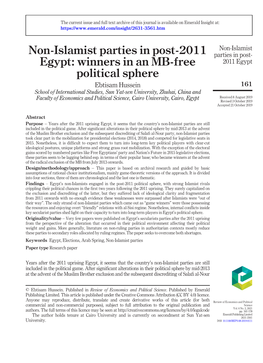 Non-Islamist Parties in Post-2011 Egypt: Winners in an MB-Free