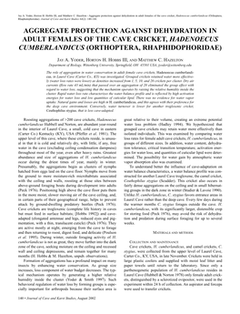 Aggregate Protection Against Dehydration in Adult Females of the Cave Cricket, Hadenoecus Cumberlandicus (Orthoptera, Rhaphidophoridae)