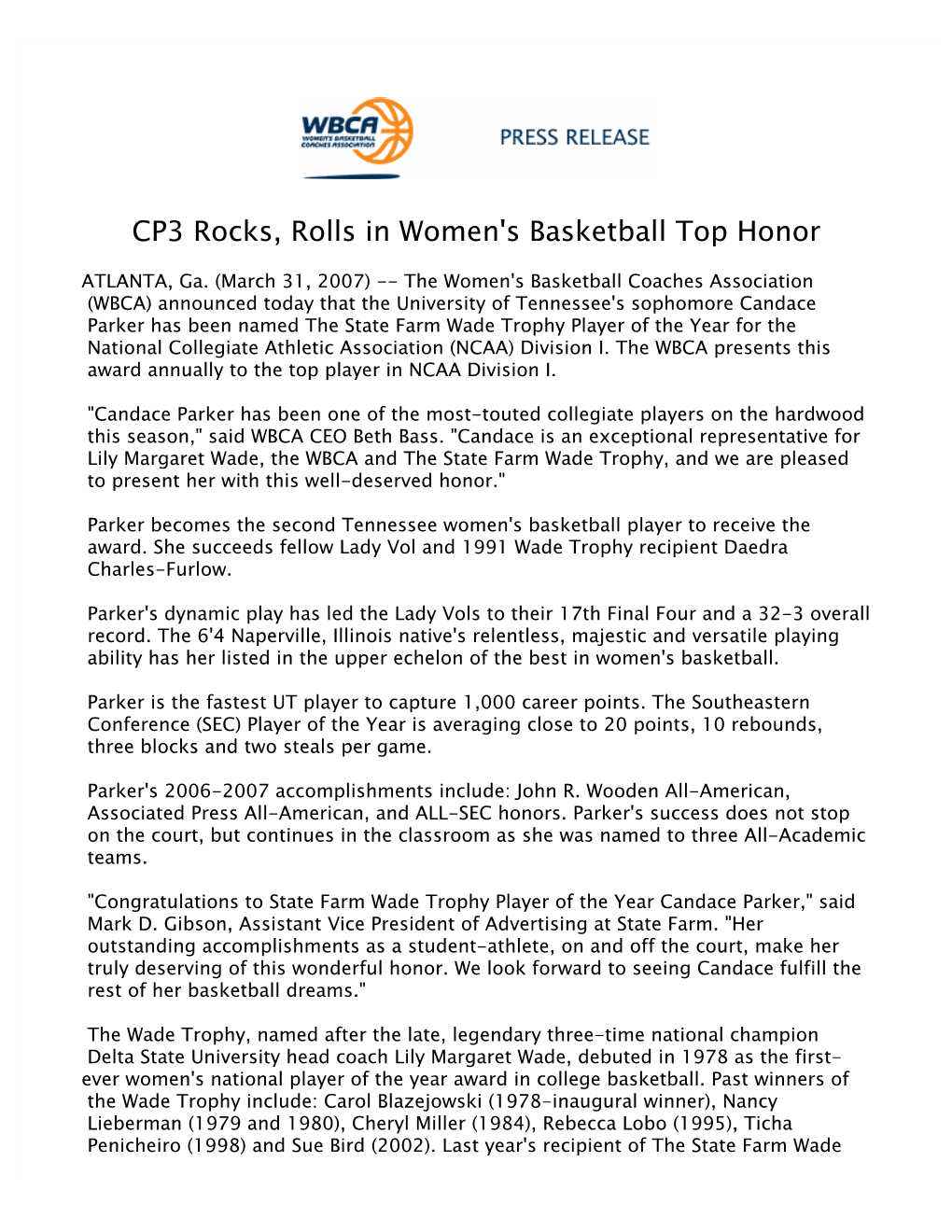 CP3 Rocks, Rolls in Women's Basketball Top Honor 2006-07
