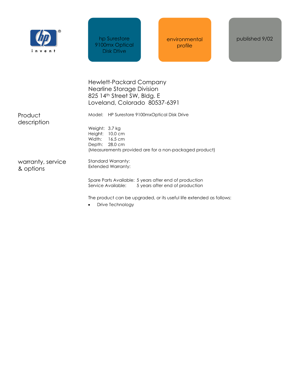 Surestore 9100Mx Optical Disk Drive Environmental Profile