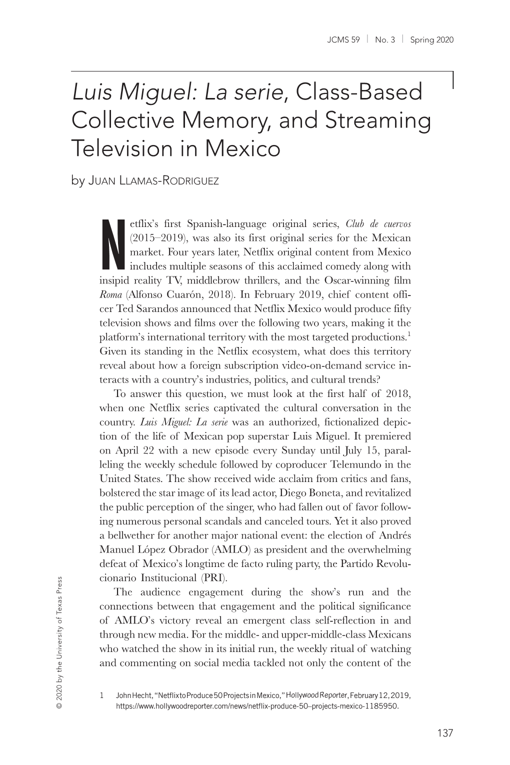 Luis Miguel: La Serie, Class-Based Collective Memory, and Streaming Television in Mexico