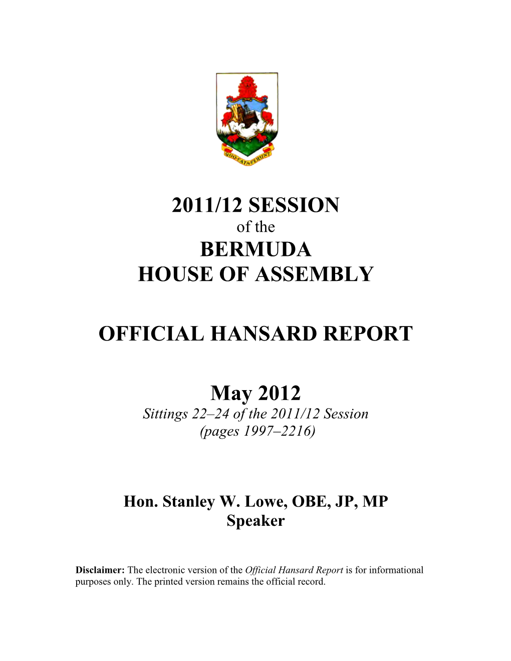 2011/12 Session Bermuda House of Assembly