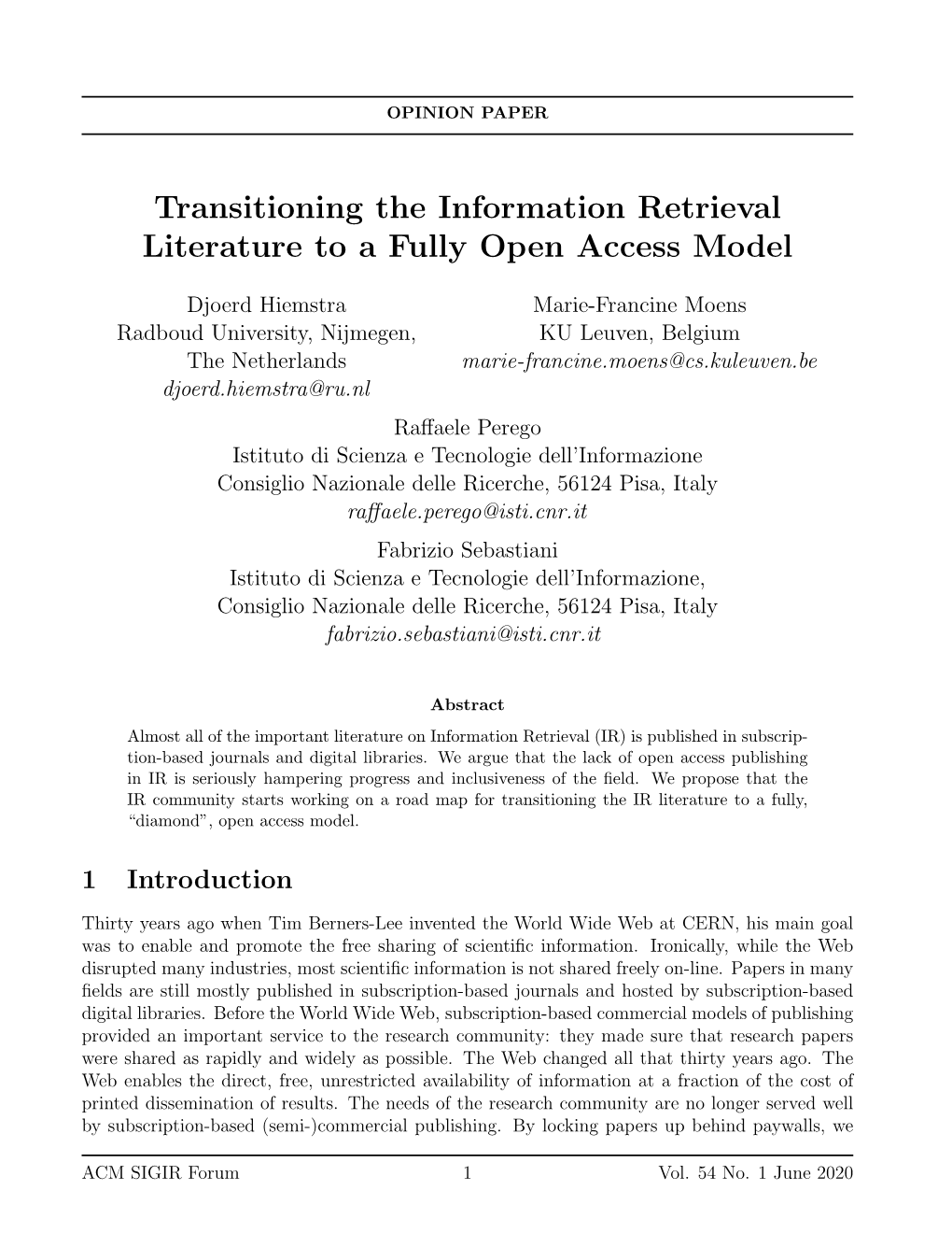 Transitioning the Information Retrieval Literature to a Fully Open Access Model