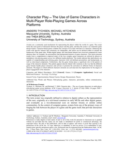 Character Play  the Use of Game Characters in Multi-Player Role-Playing Games Across Platforms