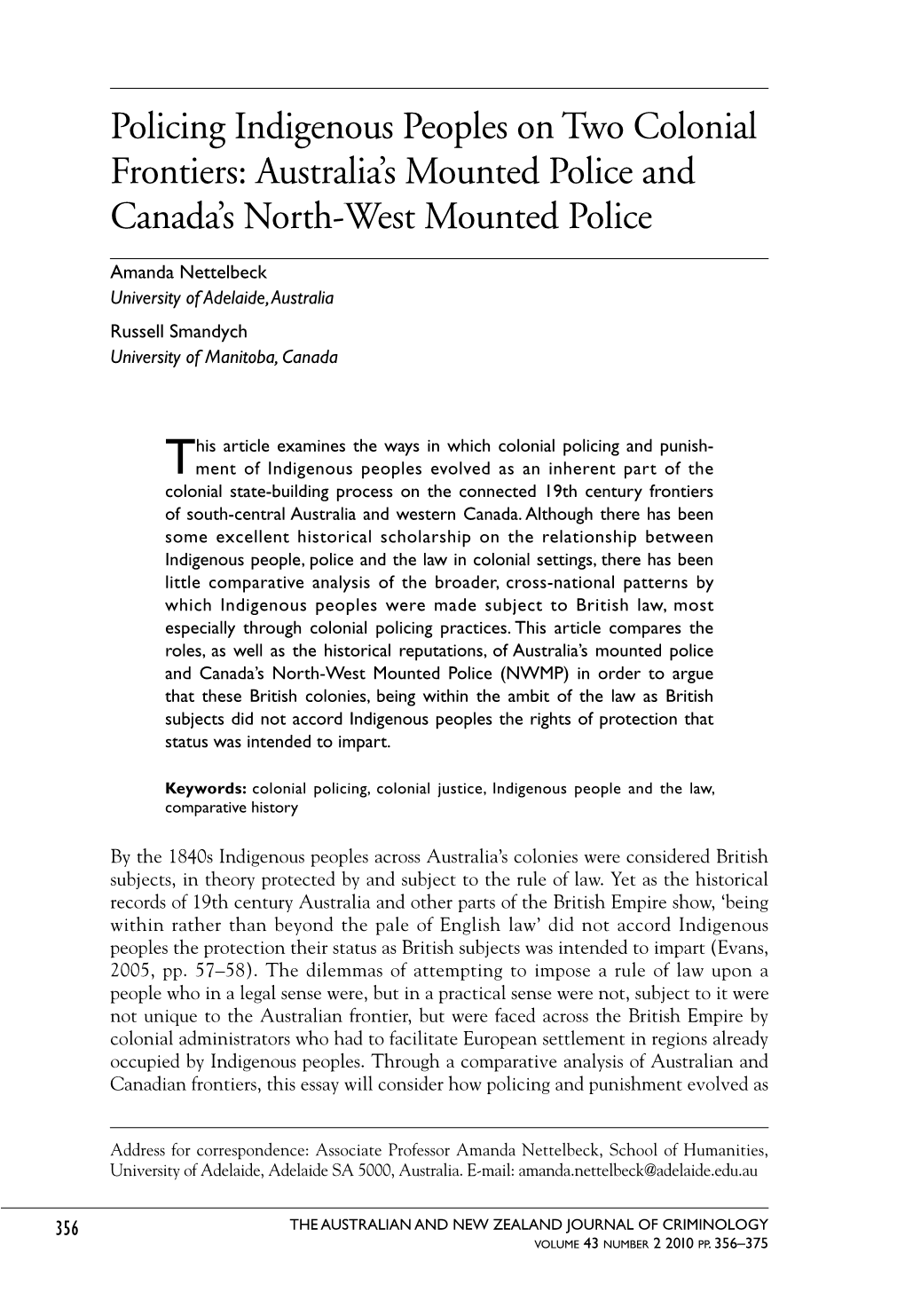 Policing Indigenous Peoples on Two Colonial Frontiers: Australia’S Mounted Police and Canada’S North-West Mounted Police