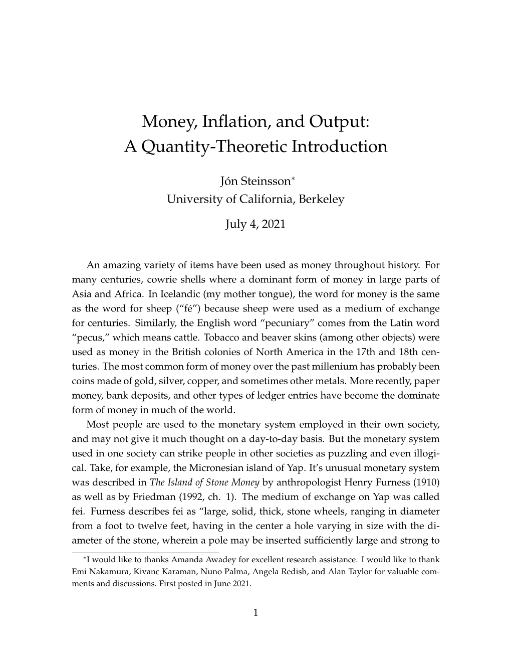 Money, Inflation, and Output: a Quantity-Theoretic Introduction