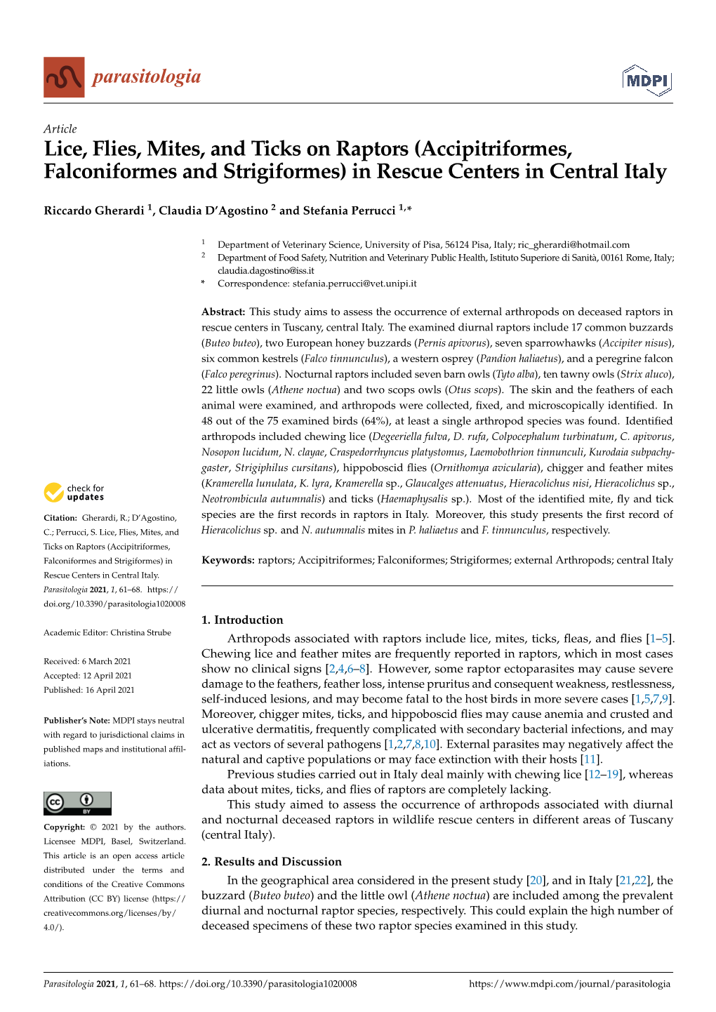 Lice, Flies, Mites, and Ticks on Raptors (Accipitriformes, Falconiformes and Strigiformes) in Rescue Centers in Central Italy