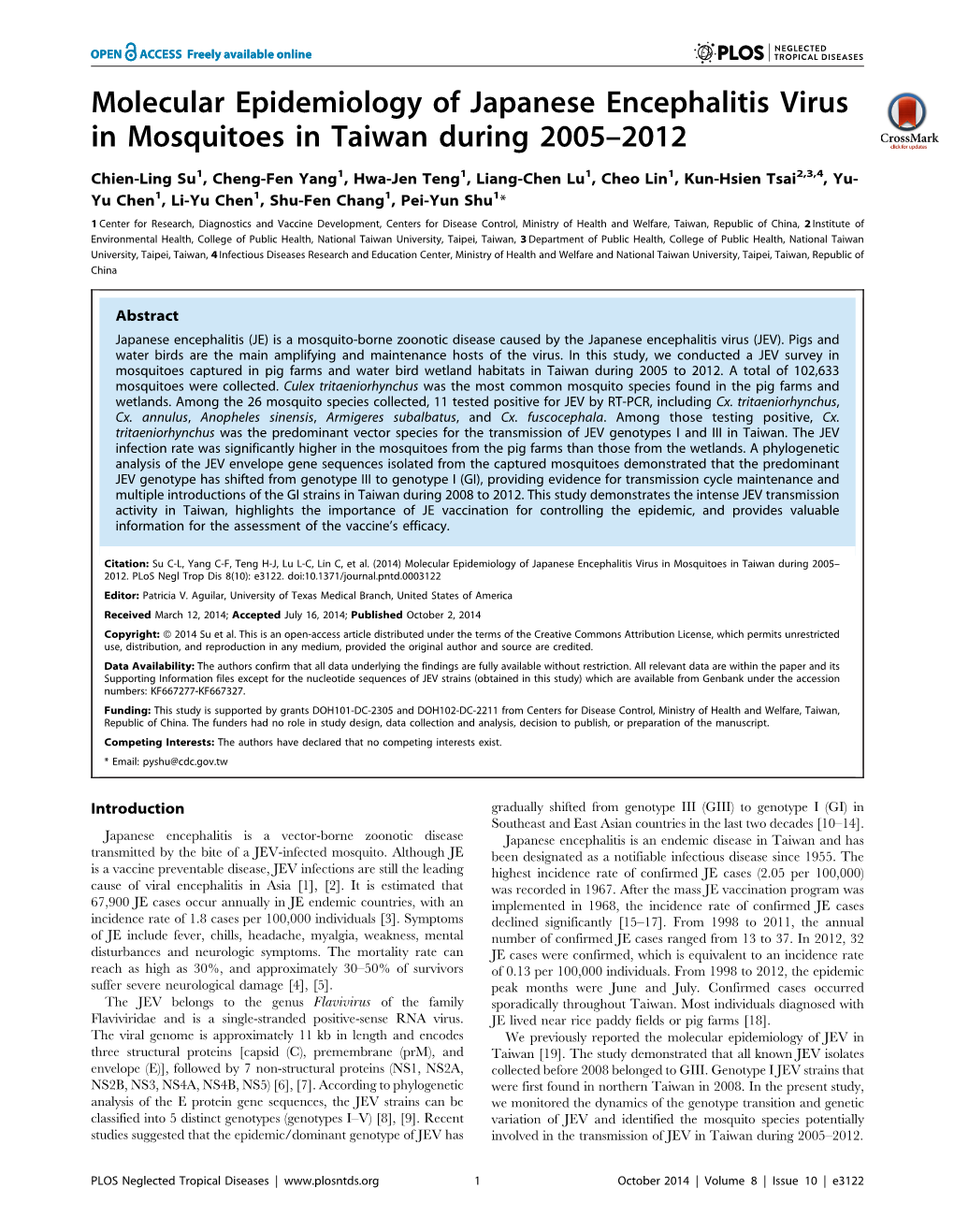 Molecular Epidemiology of Japanese Encephalitis Virus in Mosquitoes in Taiwan During 2005–2012