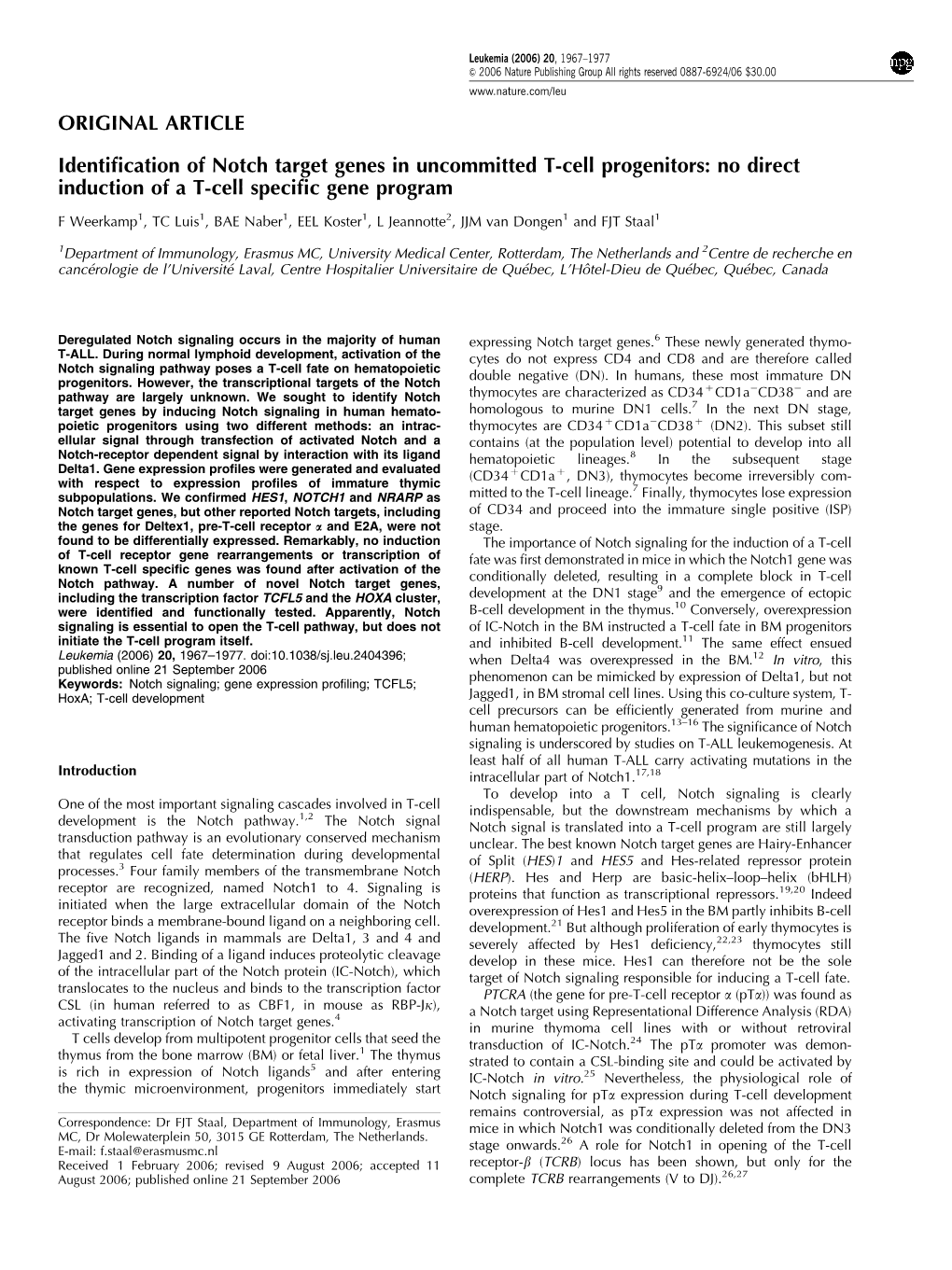 Identification of Notch Target Genes in Uncommitted T-Cell Progenitors: No Direct Induction of a T-Cell Specific Gene Program