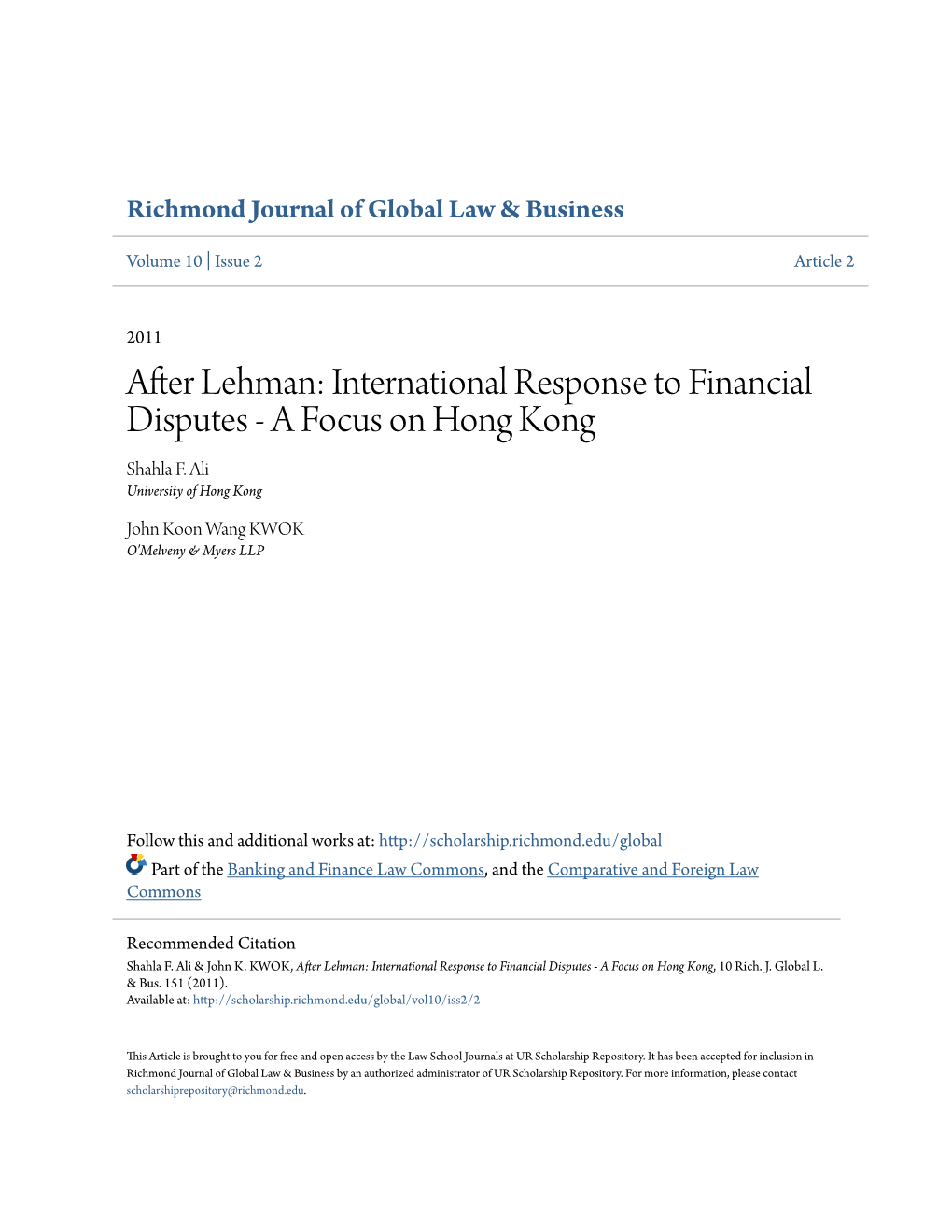 International Response to Financial Disputes - a Focus on Hong Kong Shahla F