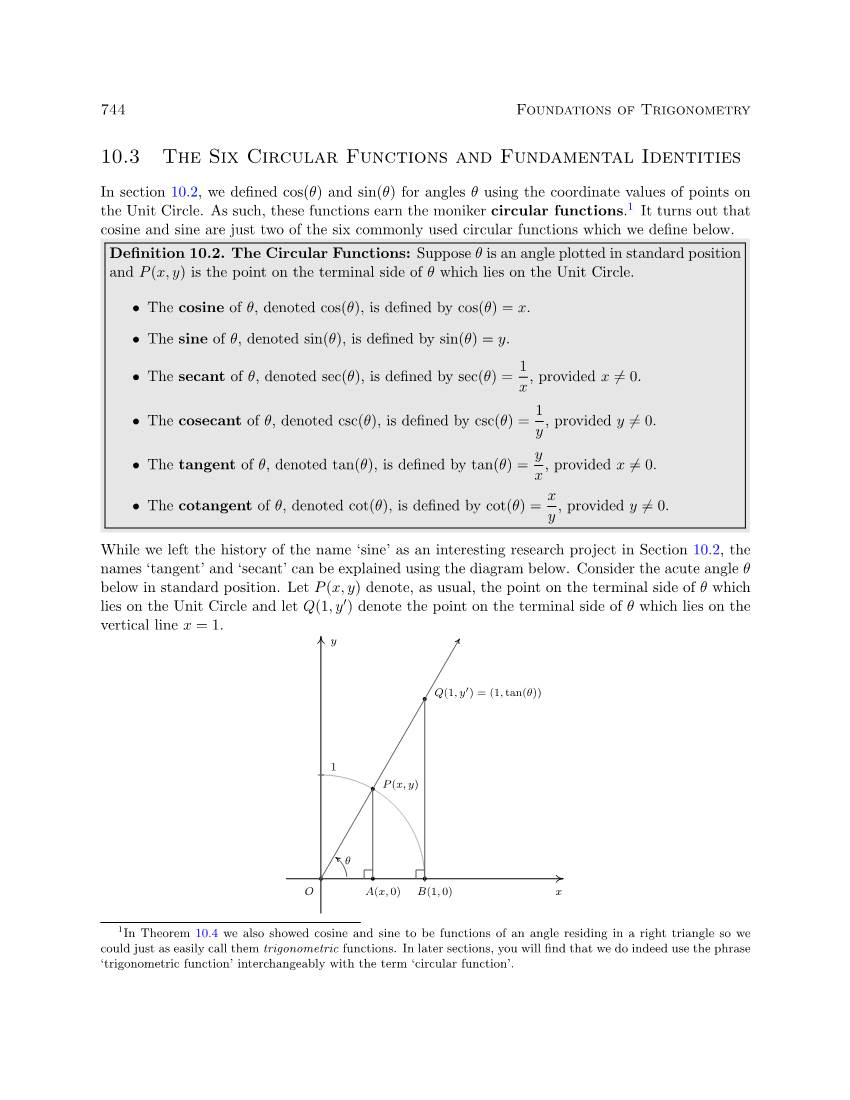 10.3 the Six Circular Functions and Fundamental Identities