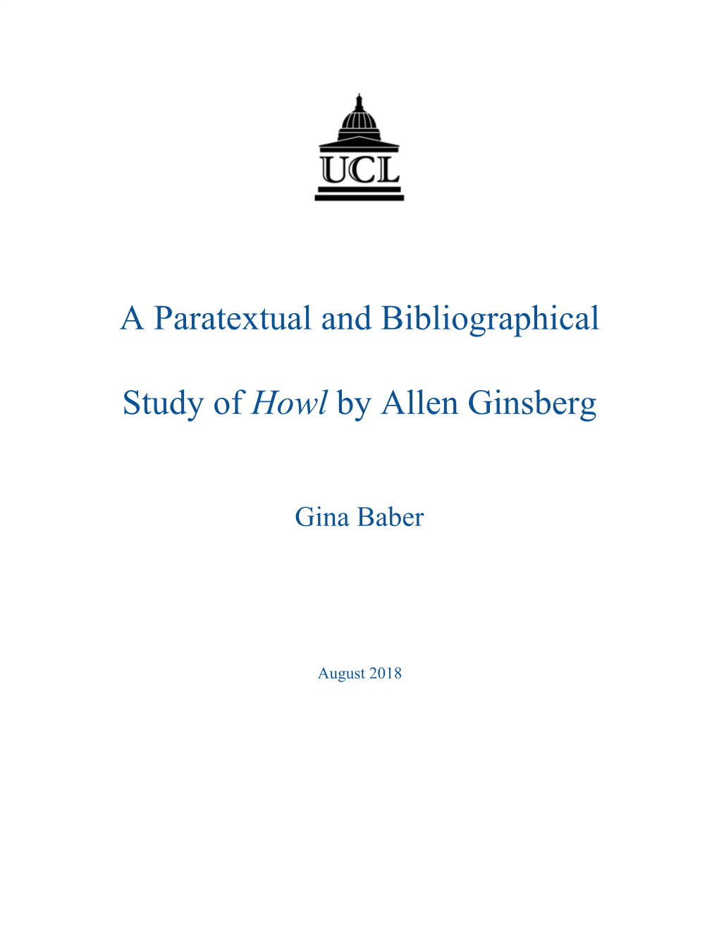 A Paratextual and Bibliographical Study of ​Howl​ by Allen Ginsberg