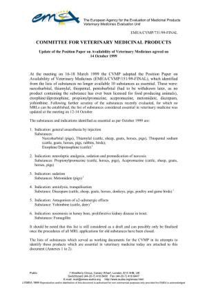 Position Paper on Availability of Veterinary Medicines Agreed on 14 October 1999