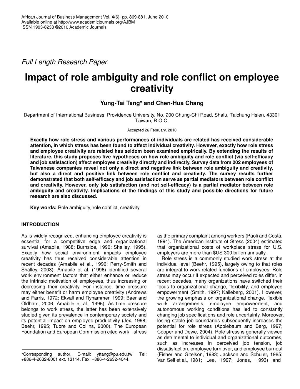 Impact of Role Ambiguity and Role Conflict on Employee Creativity