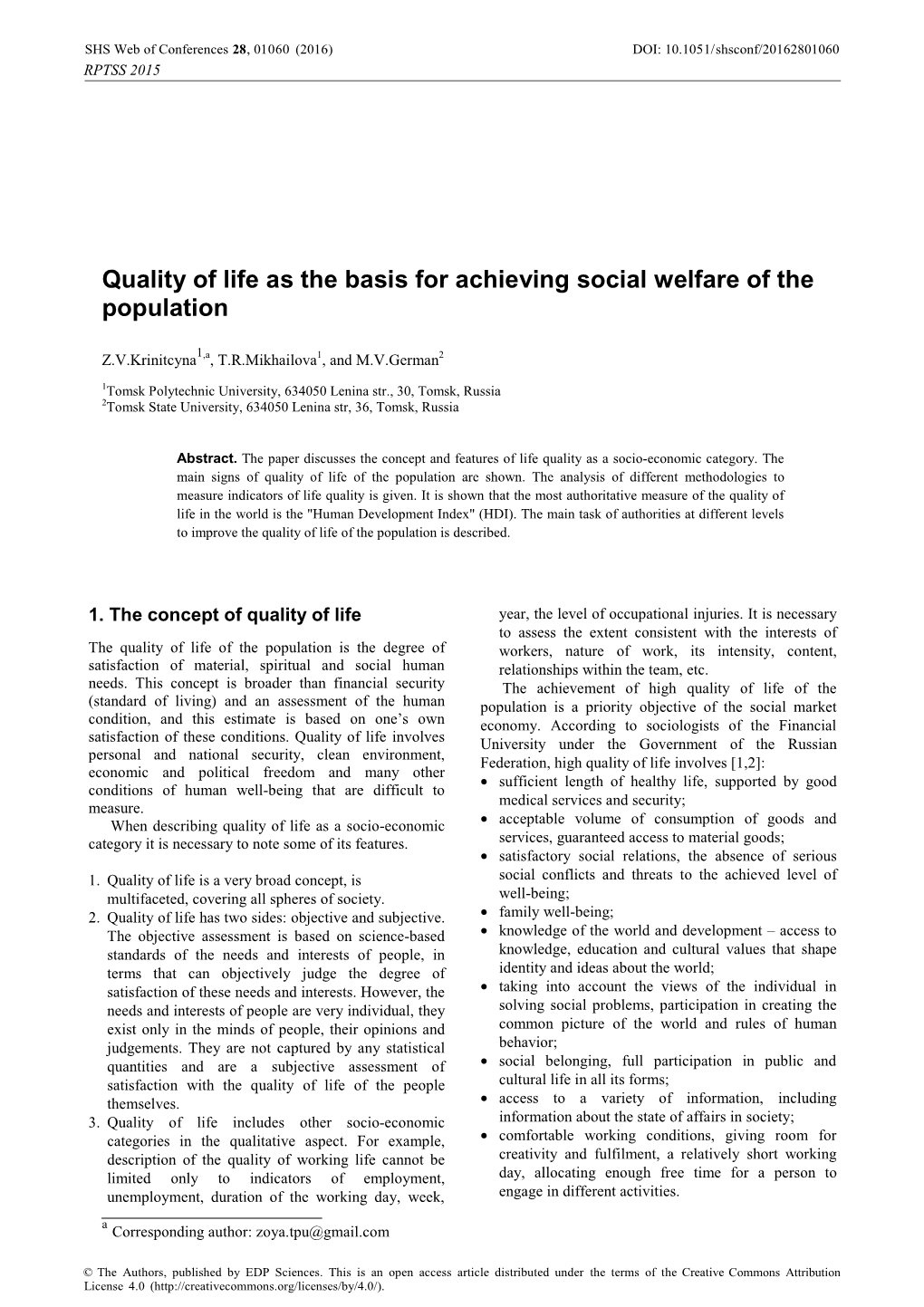 Quality of Life As the Basis for Achieving Social Welfare of the Population