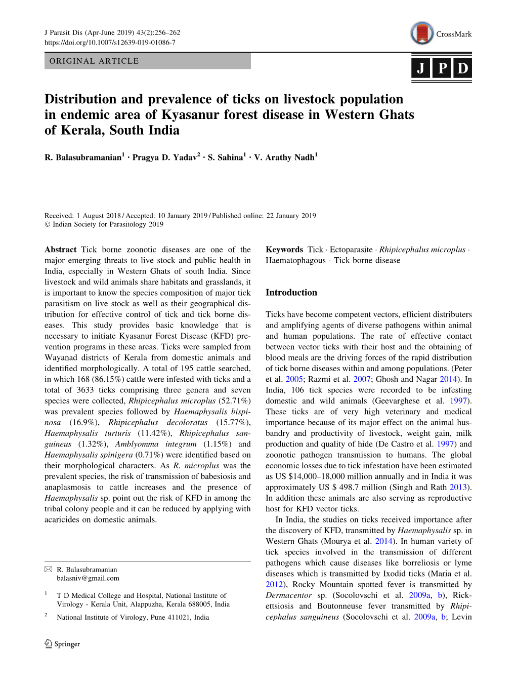 Distribution and Prevalence of Ticks on Livestock Population in Endemic Area of Kyasanur Forest Disease in Western Ghats of Kerala, South India