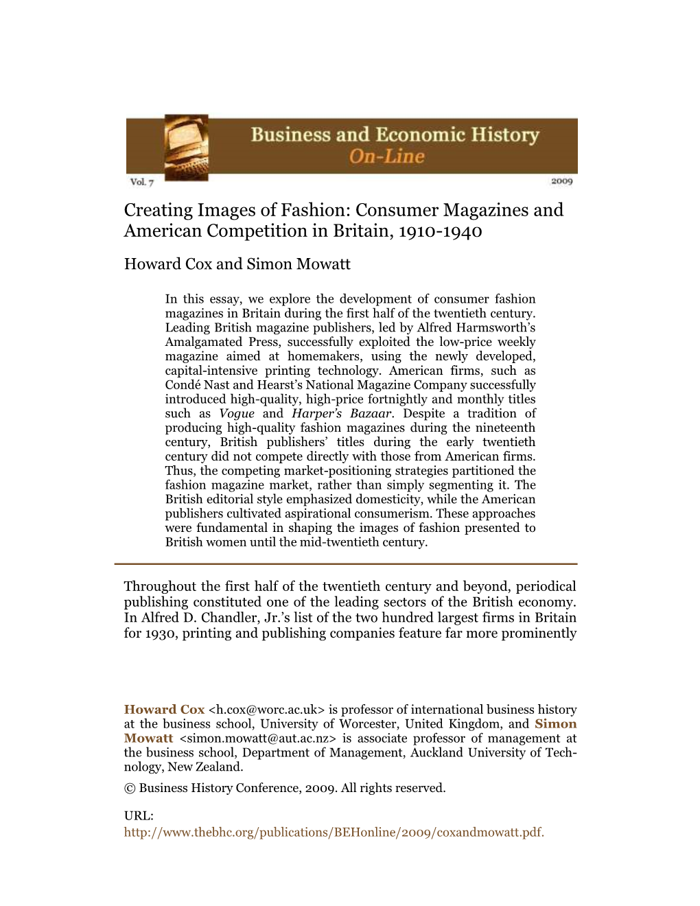 Consumer Magazines and American Competition in Britain, 1910-1940 Howard Cox and Simon Mowatt