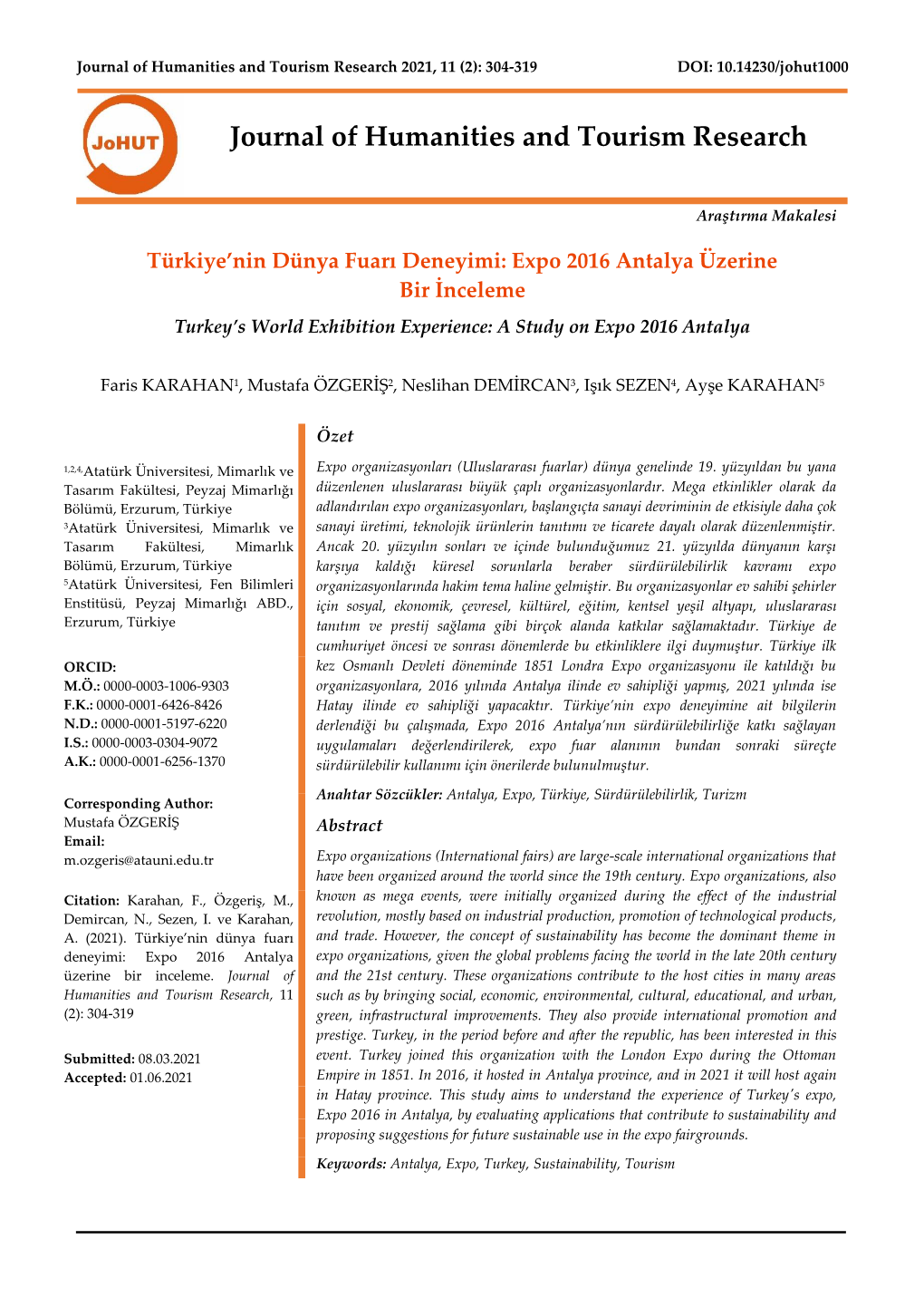 Journal of Humanities and Tourism Research 2021, 11 (2): 304-319 DOI: 10.14230/Johut1000