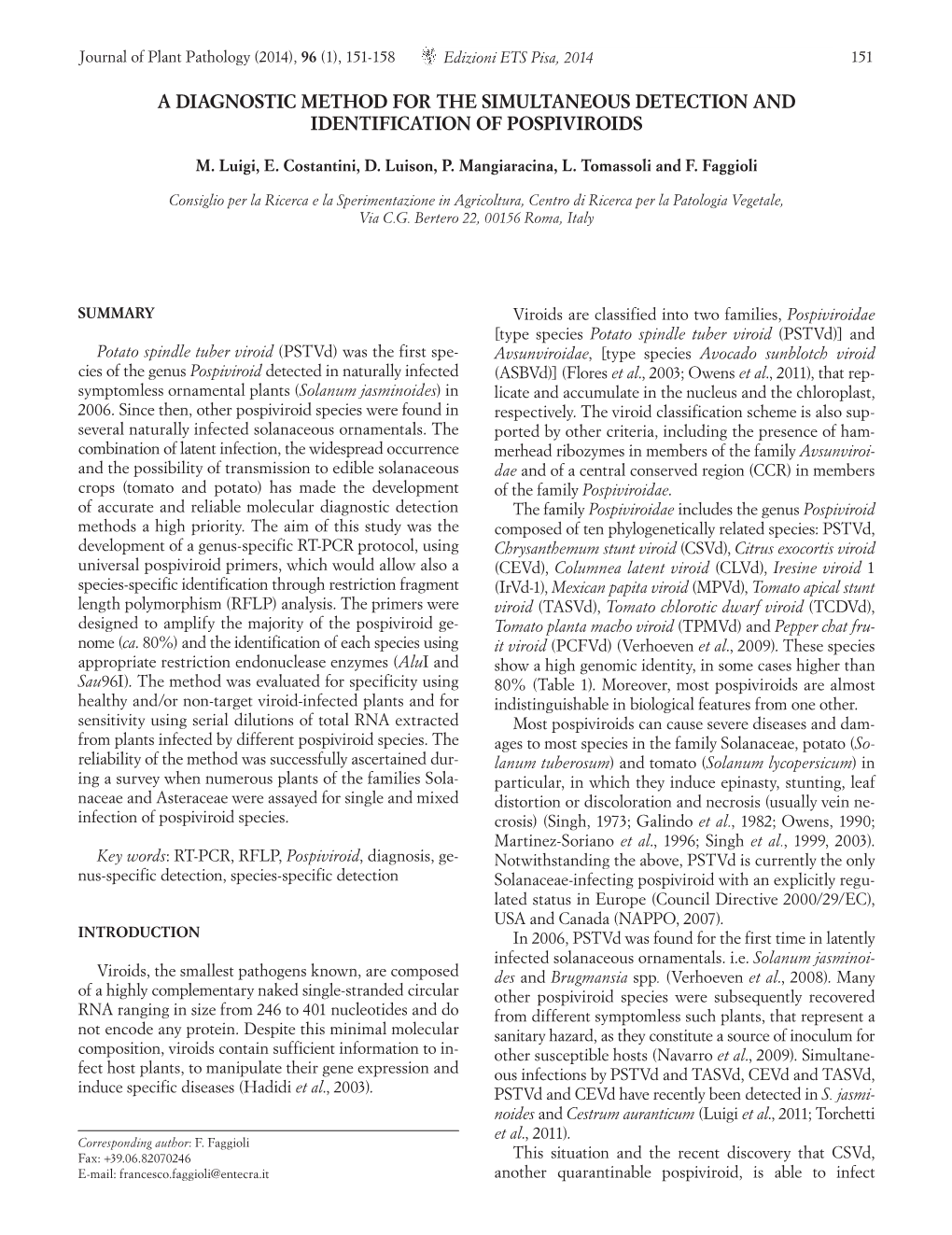 A Diagnostic Method for the Simultaneous Detection and Identification of Pospiviroids