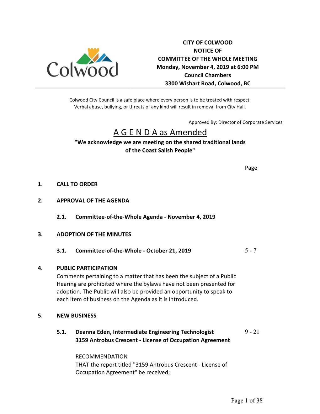 COMMITTEE of the WHOLE MEETING Monday, November 4, 2019 at 6:00 PM Council Chambers 3300 Wishart Road, Colwood, BC