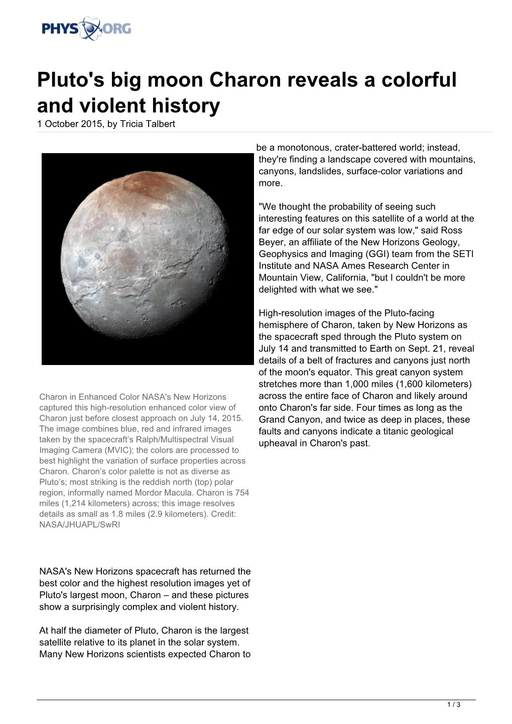 Pluto's Big Moon Charon Reveals a Colorful and Violent History 1 October 2015, by Tricia Talbert