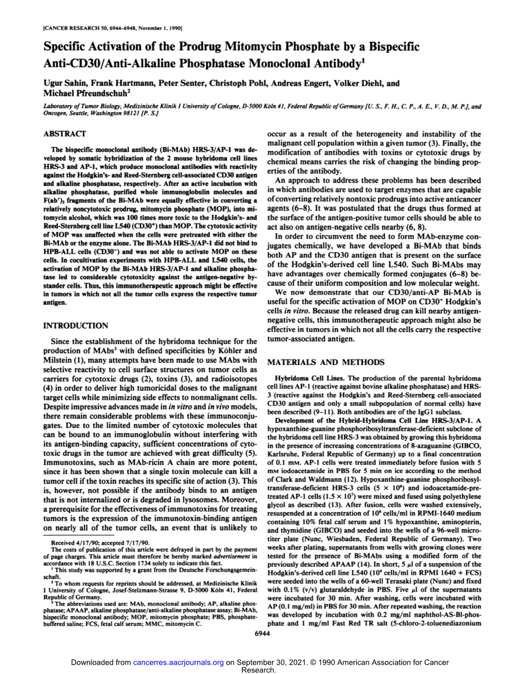 Specific Activation of the Prodrug Mitomycin Phosphate by a Bispecific Anti-CD30/Anti-Alkaline Phosphatase Monoclonal Antibody1