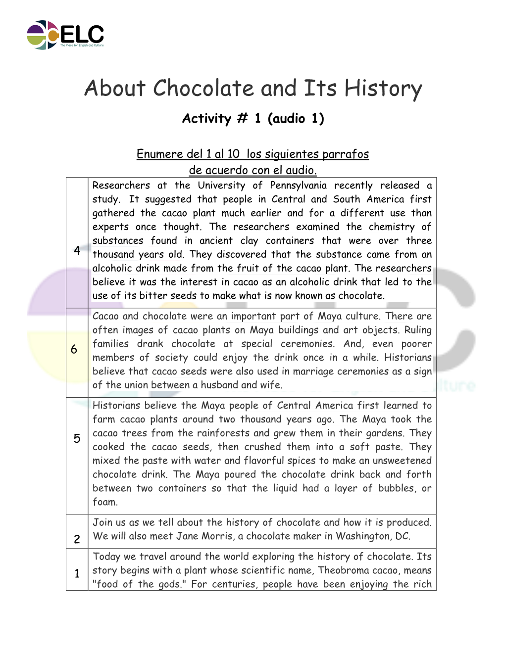 About Chocolate and Its History Activity # 1 (Audio 1)