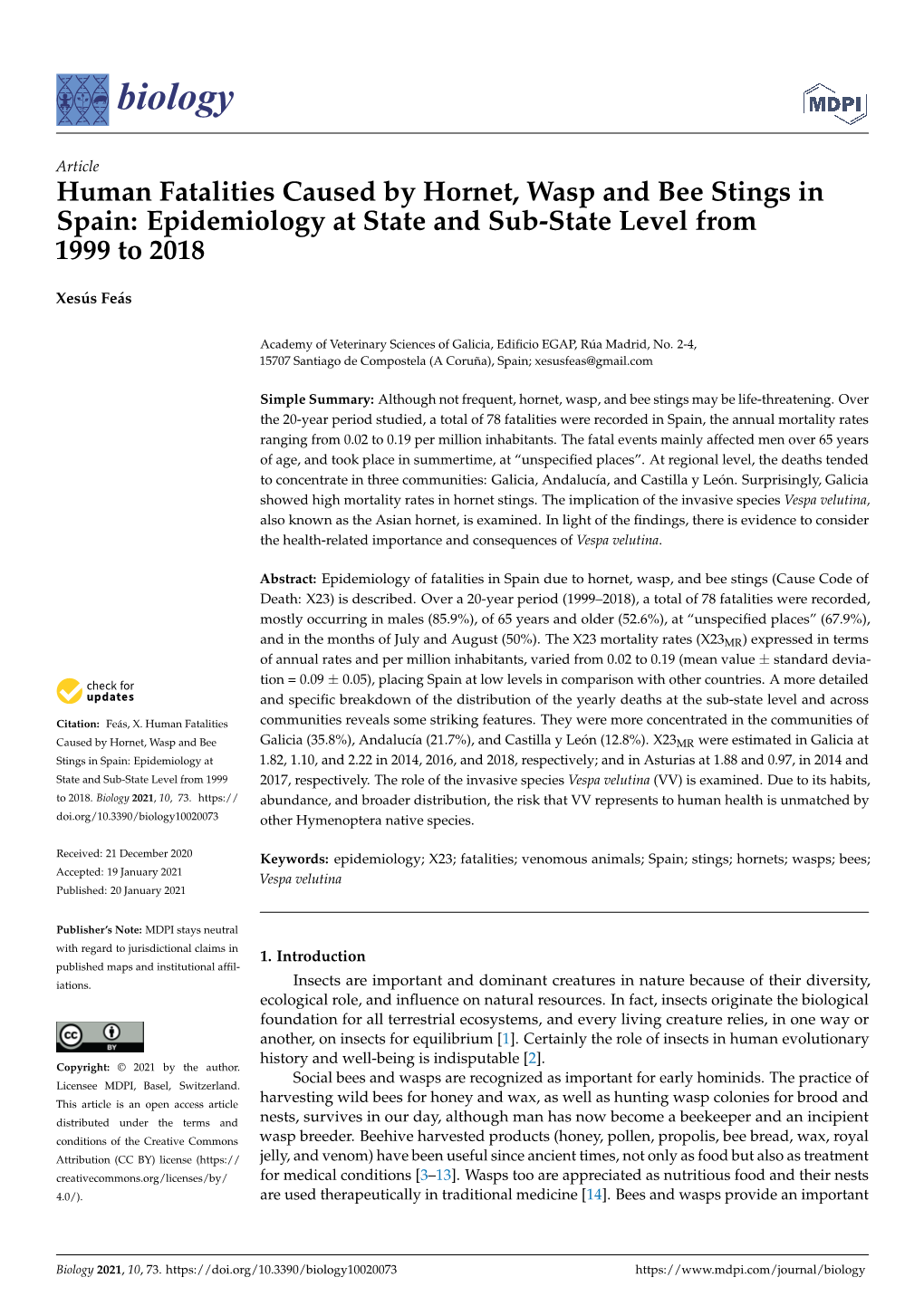 Human Fatalities Caused by Hornet, Wasp and Bee Stings in Spain: Epidemiology at State and Sub-State Level from 1999 to 2018