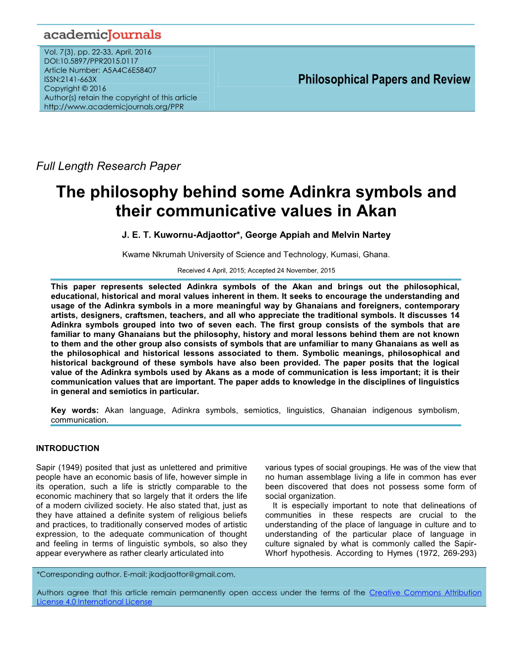 Adinkra Symbols and Their Communicative Values in Akan