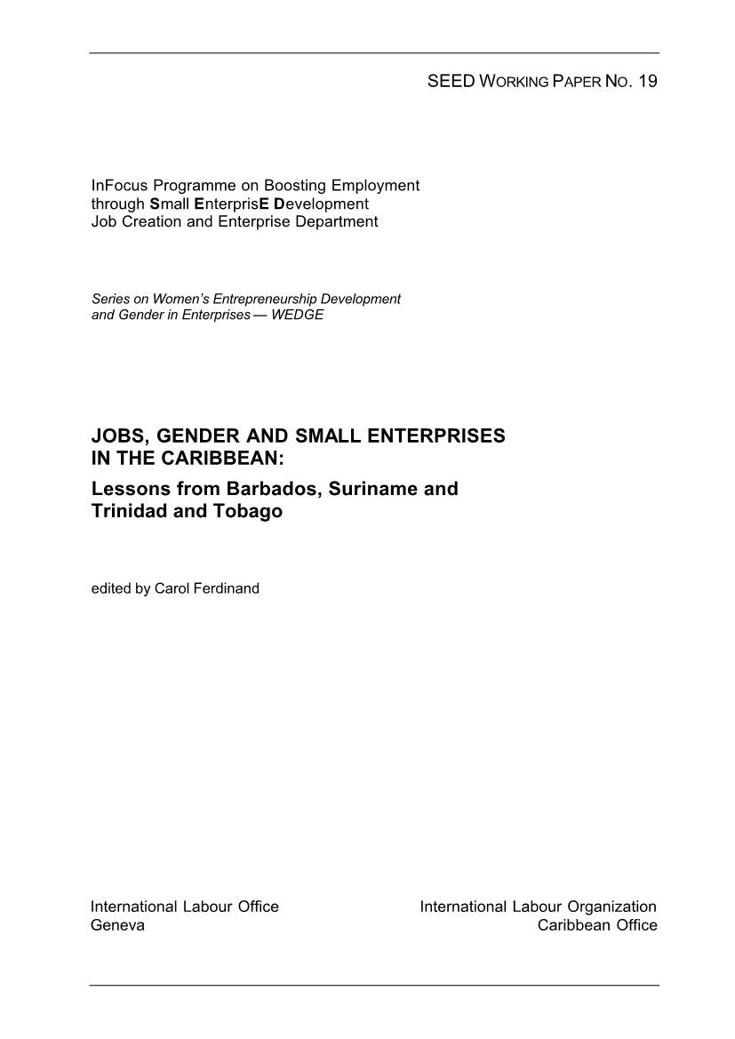 Jobs, Gender and Small Enterprises in the Caribbean : Lessons from Barbados, Suriname and Trinidad and Tobago