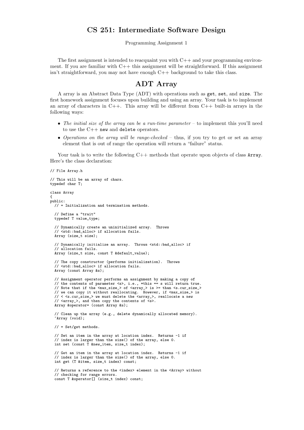 CS 251: Intermediate Software Design ADT Array