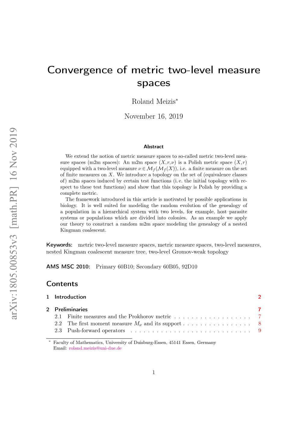 Convergence of Metric Two-Level Measure Spaces Arxiv:1805.00853V3