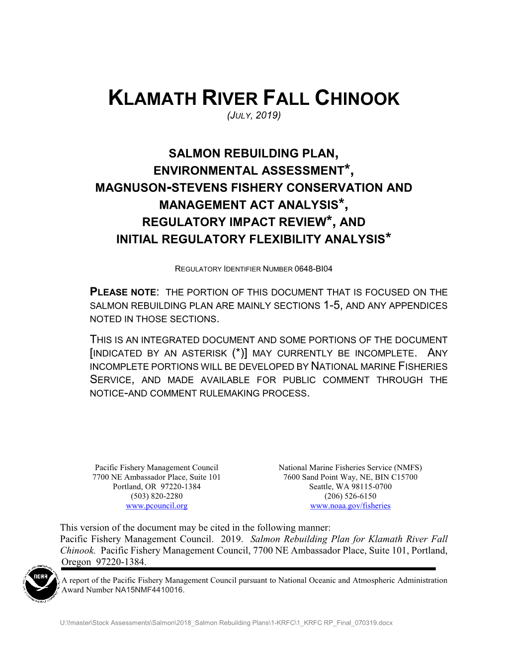 Klamath River Fall Chinook Salmon Rebuilding Plan