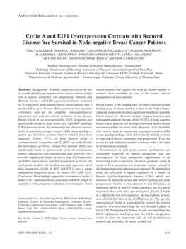 Cyclin a and E2F1 Overexpression Correlate with Reduced Disease-Free Survival in Node-Negative Breast Cancer Patients