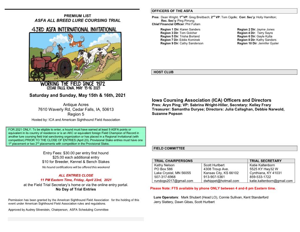 Saturday and Sunday, May 15Th & 16Th, 2021 Iowa Coursing Association