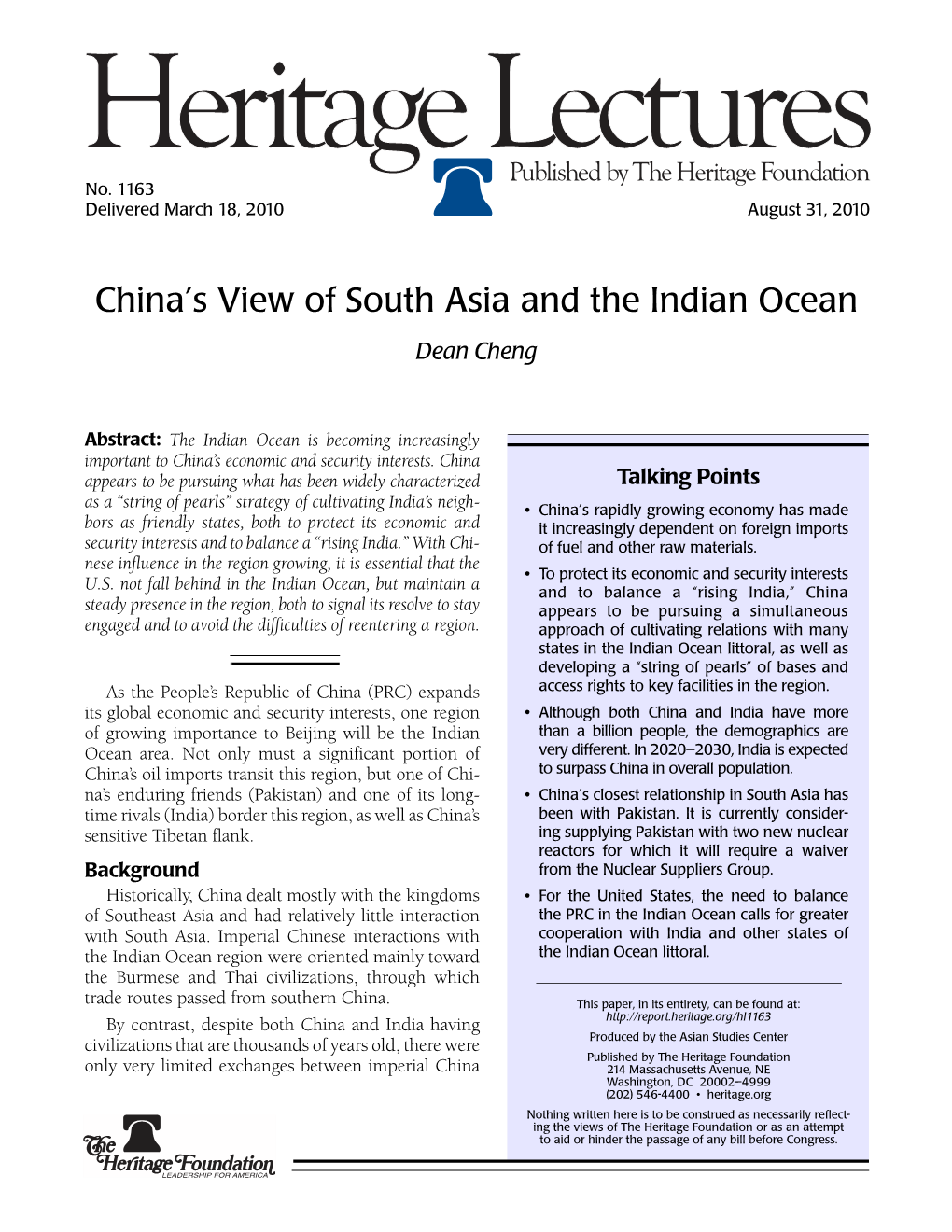 China's View of South Asia and the Indian Ocean