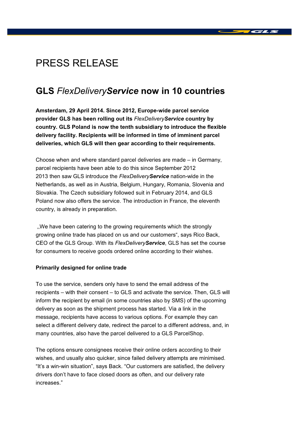 GLS Flexdelivery Service Now in 10 Countries