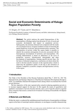 Social and Economic Determinants of Kaluga Region Population Poverty