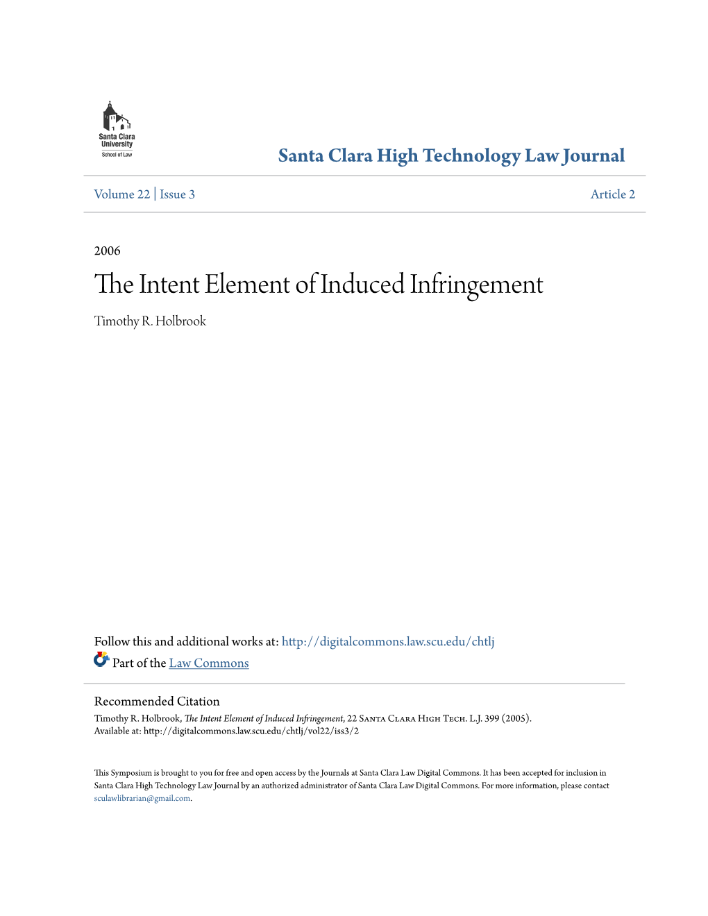 The Intent Element of Induced Infringement, 22 Santa Clara High Tech