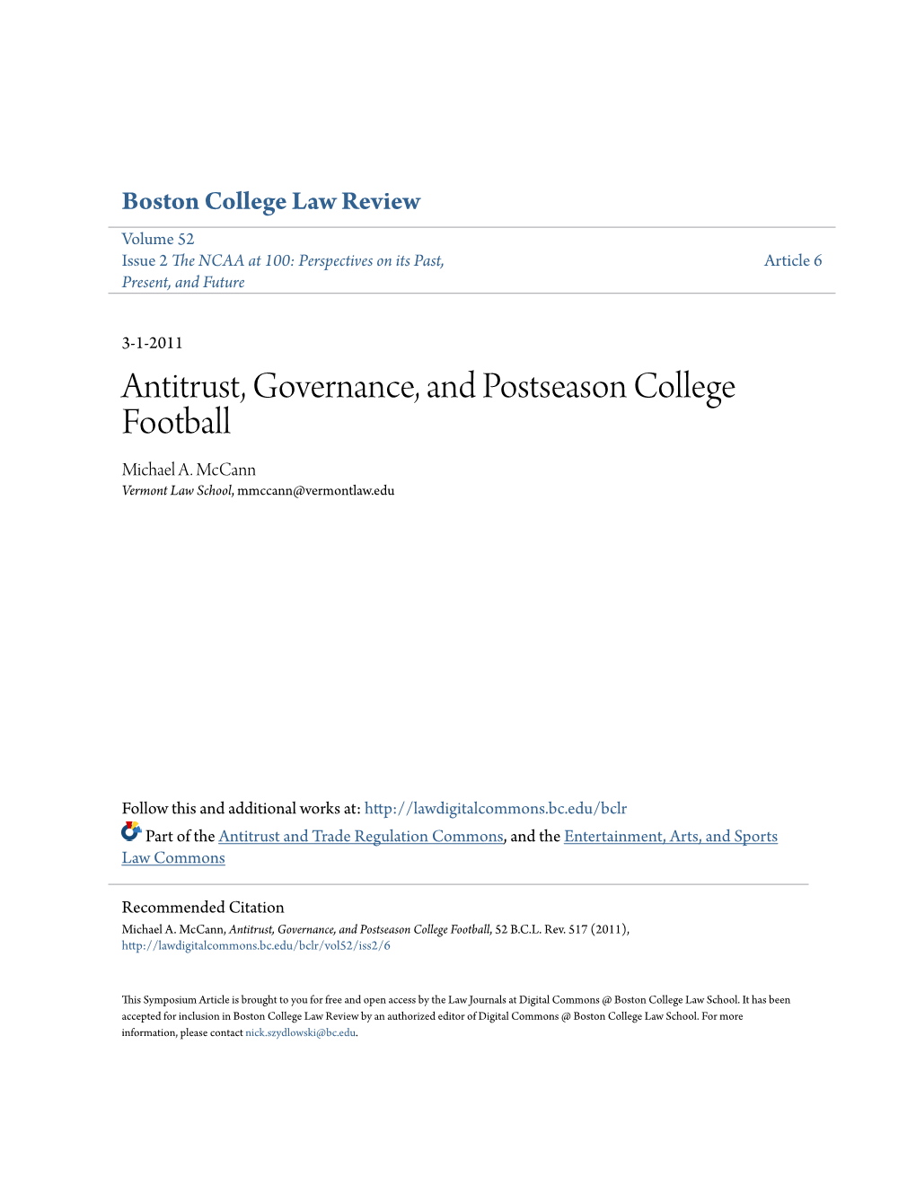 Antitrust, Governance, and Postseason College Football Michael A