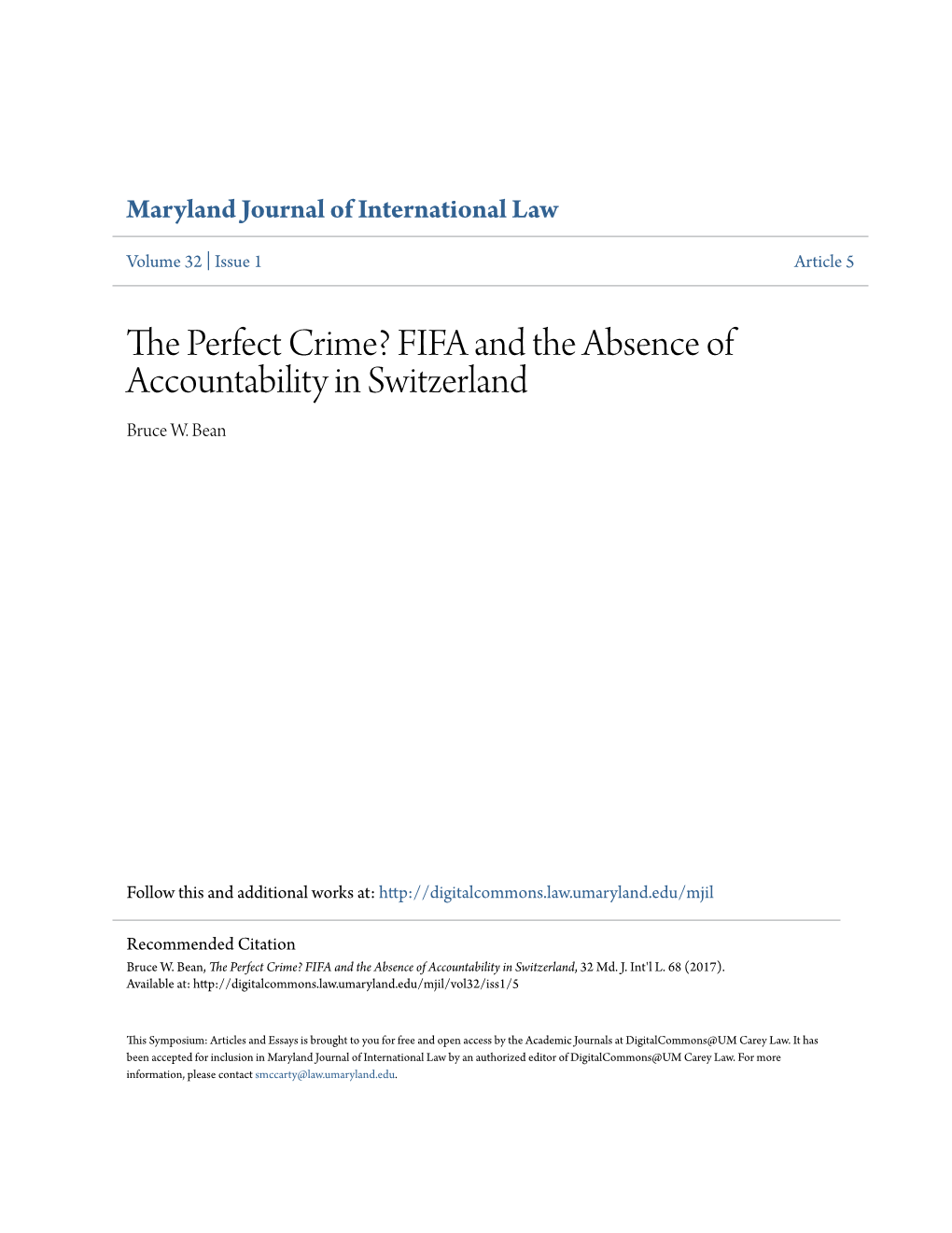 FIFA and the Absence of Accountability in Switzerland Bruce W