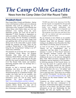 The Camp Olden Gazette News from the Camp Olden Civil War Round Table Summer 2017 President’S Gavel