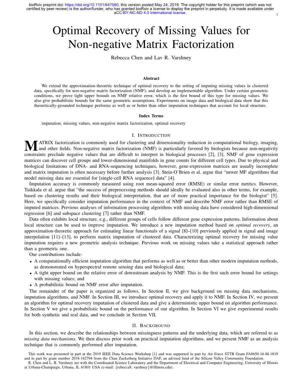 Optimal Recovery of Missing Values for Non-Negative Matrix Factorization Rebecca Chen and Lav R