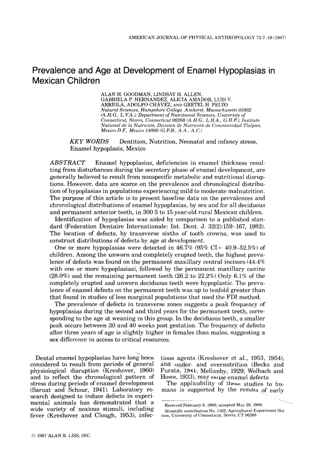 Prevalence and Age at Development of Enamel Hypoplasias in Mexican Children